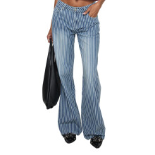 (M, Blue) Jeans da donna a zampa d'elefante con gamba larga, stampa a righe classiche, vita bassa.