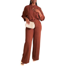 (XXL, Light Brown) Tailleur pantalon femme, chemise élégante à manches longues et col en V avec pantalon large, tenue de bureau formelle