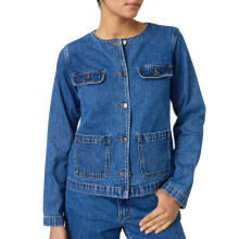 (M, Blue) Giacca di jeans da donna con scollo rotondo, maniche lunghe, abbottonatura frontale, vestibilità slim.