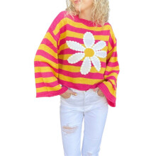 (L, Red) Women's Fall Striped Sweater Floral Pattern Drop Shoulder Long Sleeve Round Neck Loose Knitted Tops