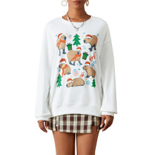 (S, White) Pulls amples de Noël pour femmes, imprimé animal, col rond, manches longues, hauts décontractés automne-hiver