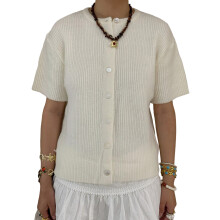 (S, Milky White) Gilet cardigan ample à manches courtes et col rond, couleur unie, pour femme