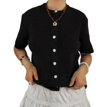 (L, Black) Gilet cardigan ample à manches courtes et col rond, couleur unie, pour femme