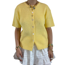 (S, Yellow) Gilet cardigan ample à manches courtes et col rond, couleur unie, pour femme