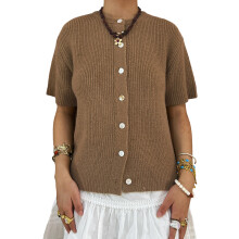 (S, Camel) Gilet cardigan ample à manches courtes et col rond, couleur unie, pour femme