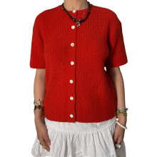 (L, Red) Gilet cardigan ample à manches courtes et col rond, couleur unie, pour femme