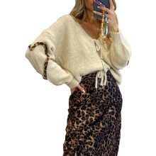 (L, Apricot) Gilet cardigan femme en maille, col V, manches longues, couleur unie, noué devant, coupe ample, parfait pour printemps et automne.