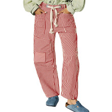 (M, Claret) Pantaloni da donna a righe, con elastico in vita e coulisse, modello patchwork a gamba larga e tasche.