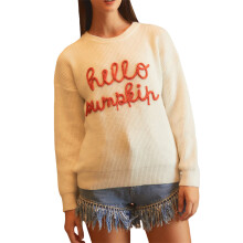 (S, Beige) Women's Halloween Sweater Letter Embroidery Crew Neck Long Sleeve Pullover Knit Tops Casual Streetwear for Winter Fall