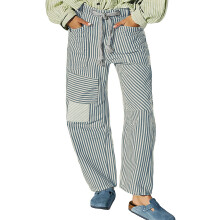 (S, Atrovirens) Pantaloni da donna a righe, con elastico in vita e coulisse, modello patchwork a gamba larga e tasche.