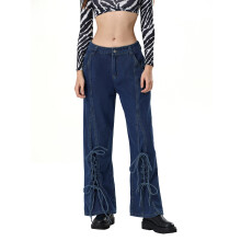 (M, Blue) Jeans da donna a gamba larga, pantaloni larghi tinta unita alla moda con lacci e tasche, stile streetwear.