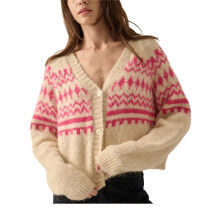 (M, Pink) Women's Cardigan Sweater Geometric Print V Neck Long Sleeve Button Down Knit Tops Loose Outerwear for Winter Fall