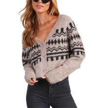 (L, Gray) Gilet cardigan femme à imprimé géométrique, col V, manches longues, fermeture boutonnée, maille, coupe ample, idéal hiver et automne.