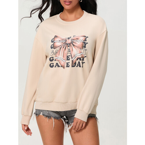 (L, Light Yellow) Women's Fall Loose Pullover Letter Big Bow Print Long Sleeve Crew Neck Oversized Sweatshirt 2