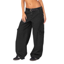 (S, Black) Pantaloni in denim da donna primavera/estate, tinta unita, gamba larga, con tasche multiple
