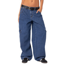 (L, Blue) Pantaloni in denim da donna primavera/estate, tinta unita, gamba larga, con tasche multiple