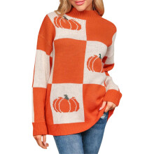 (L, Orange) Women's Halloween Pumpkin Sweater Loose Checkerboard Mock Neck Long Sleeve Pullover Knit Tops Casual Streetwear
