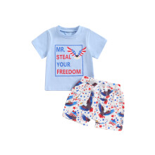 (3-4 Years, Blue) juli peuteroutfit voor jongens: T-shirt en korte broek met print, 2-delig set.