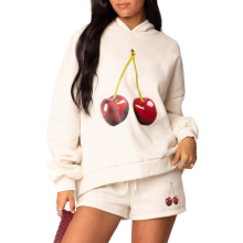 (S, White) Sweat à capuche femme, manches longues, imprimé cerises, pull-over, haut décontracté d'automne