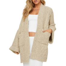 (S, Beige) Gilet long en maille torsadée pour femme, ample, ouvert sur le devant, manches longues et poches, style streetwear décontracté