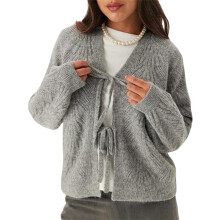 (L, Gray) Gilet cardigan uni à manches longues, col en V et nœud papillon pour femme, idéal pour l'automne.
