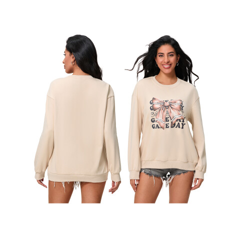 (L, Light Yellow) Women's Fall Loose Pullover Letter Big Bow Print Long Sleeve Crew Neck Oversized Sweatshirt 1