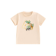 (4 Years, Khaki) Verjaardags-T-shirt voor een jongetje met geborduurd dierenfiguurtje en nummer, korte mouwen en ronde hals.
