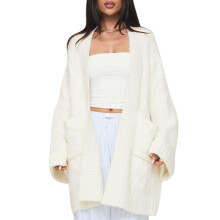 (M, White) Gilet long en maille torsadée pour femme, ample, ouvert sur le devant, manches longues et poches, style streetwear décontracté