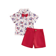 (2-3 Years, Red) Ensembles de shorts pour garçons pour le 4 juillet : T-shirt à manches courtes imprimé drapeau et aigle, short uni
