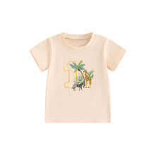 (1 Year, Khaki) Verjaardags-T-shirt voor een jongetje met geborduurd dierenfiguurtje en nummer, korte mouwen en ronde hals.