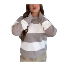 (S, Gray) Pulls amples d'automne pour femmes, imprimé rayé, col rond, manches longues, en maille