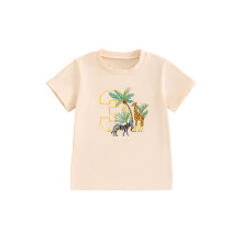 (3 Years, Khaki) Verjaardags-T-shirt voor een jongetje met geborduurd dierenfiguurtje en nummer, korte mouwen en ronde hals.