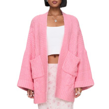(M, Pink) Womens Cable Knit Long Cardigan Loose Open Front Long Sleeve Sweater with Pockets Casual Streetwear