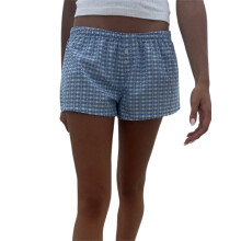 (S, Blue) Short de pyjama femme à carreaux imprimé cœur, taille élastique, confortable, idéal pour dormir en été.