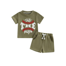 (2-3 Years, Green) Ensemble bébé garçon/fille, haut brodé lettres, short élastique, 2 pièces baseball