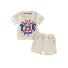 (2-3 Years, Beige) Ensemble bébé garçon/fille, haut brodé lettres, short élastique, 2 pièces baseball