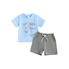 (12-18 Months, Blue) Ensemble d'été garçon : t-shirt dinosaure et short taille élastique (2 pièces).