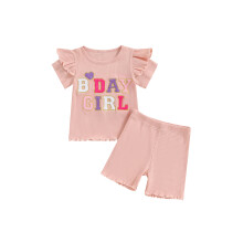 (4-5 Years, Pink) Conjunto de cumpleaños para niña: camiseta corta bordada y pantalones cortos lisos con dobladillo.