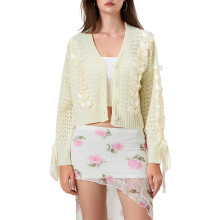 (M, Ivory) Women Knit Cardigan Long Sleeve Tie-up Button Closure Fall Casual Jacket Sweater