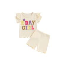 (2-3 Years, Apricot) Conjunto de cumpleaños para niña: camiseta corta bordada y pantalones cortos lisos con dobladillo.