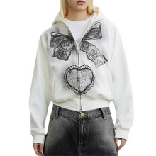 (L, Rice White) Women's Fall Zip Up Hoodies with Pockets Stylish Butterfly Love Heart Embroidery Long Sleeve Loose Casual Sweatshirts