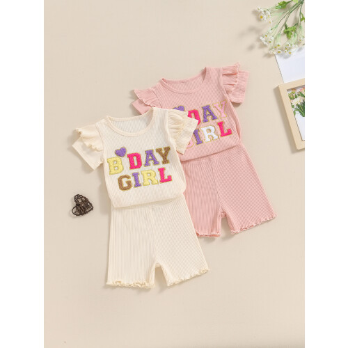 (18-24 Months, Pink) Μπλούζα κέντημα γράμματος μονόχρωμο σορτς 2