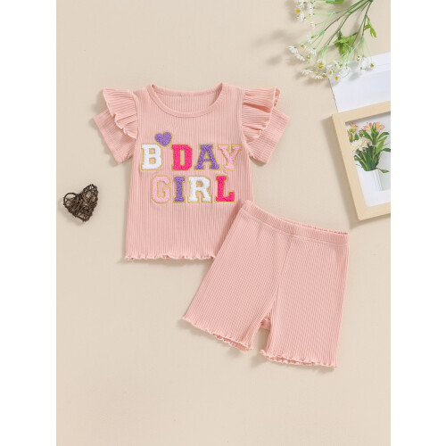 (3-4 Years, Pink) Μπλούζα κέντημα γράμματος μονόχρωμο σορτς 2