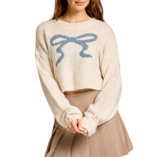 (M, Beige) Women Comfy Cropped Sweaters Casual Cute Bow Print Warm Long Sleeve Pullover Basic Knitwear for Fall Streetwear