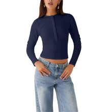 (L, Navy) Women T-shirt Long Sleeve Henley neck Solid Slim Fit Ladies Fall Tops Streetwear