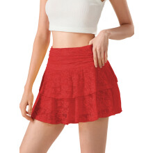 (M, Red) Womens Mini Skirt Lace Flower Low Waist A-Line Layered Ruffled Skirt for Daily Party Club