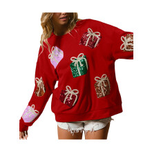(S, Red) Sweat-shirt de Noël pour femme, ample, à sequins, col rond, manches longues, style pull-over, streetwear décontracté
