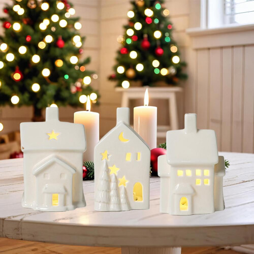 Witte keramische kerstdorpjes met ledverlichting (6 stuks) 1