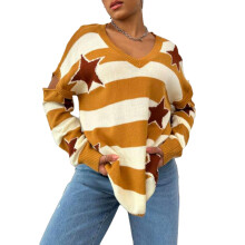 (M, Dark Khaki) Women Knit Sweater Long Sleeve Crew Neck Striped Star Pullover Warm Sweater for Fall Winter