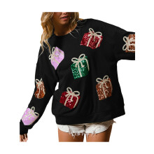 (L, Black) Sweat-shirt de Noël pour femme, ample, à sequins, col rond, manches longues, style pull-over, streetwear décontracté